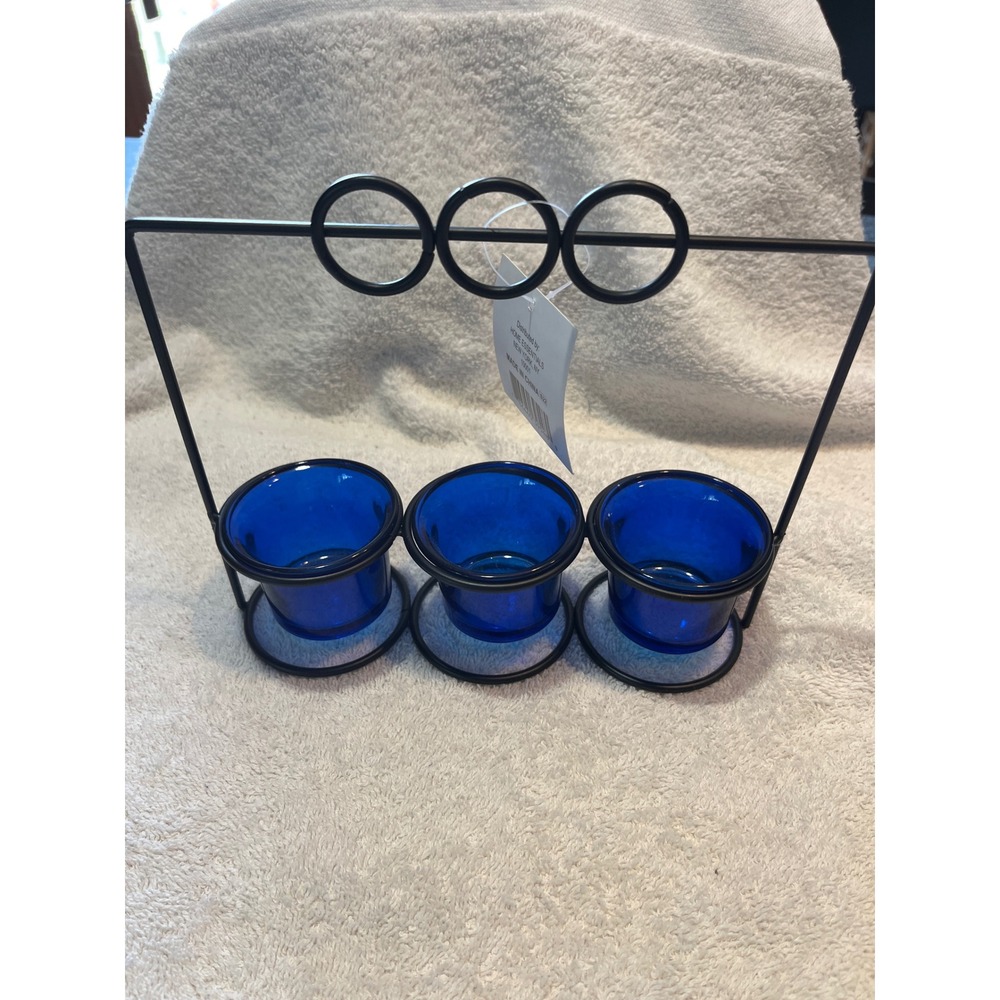 Home Essentials Cobalt Blue Glass Votive Holders with Black Metal Rack 4pc Set